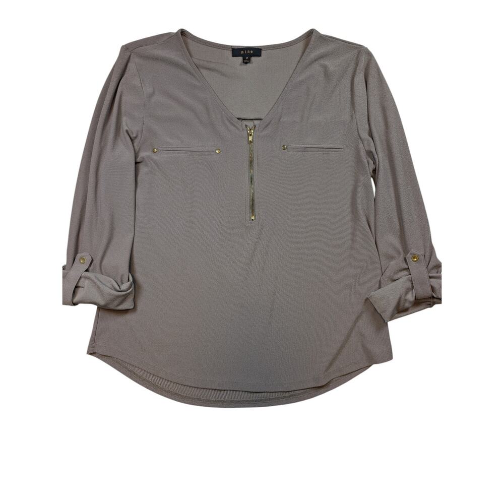 Tan Textured Quarter Zip Roll Tab Sleeve Pullover Casual Utility Top Medium